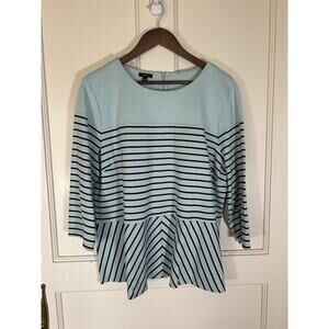 Talbots Striped Peplum Blouse Womens Size 2XP Light Blue Black Classic Casual